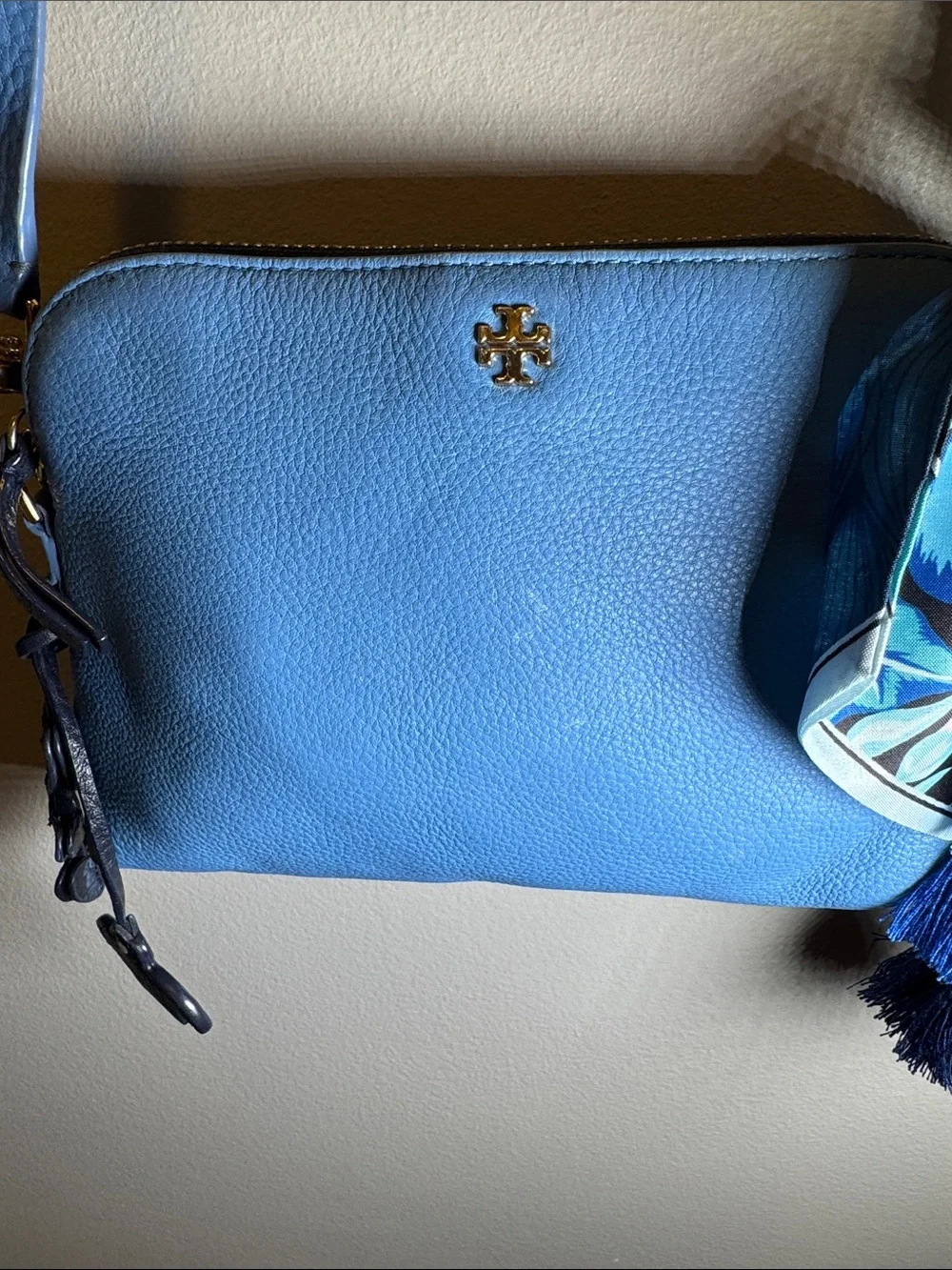 Tory Burch Blue Pebbled Leather Crossbody Bag + Twilly & Charms